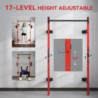 Soozier Folding Squat Rack with Pull Up Bar, Wall Mounted and Adjustable, 1000 Pounds Capacity Power Rack, Red(m-5)