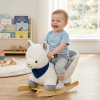 Qaba Baby Rocking Horse, Plush Animal Rocker Alpaca with Realistic Sound, Seat Belt, Handle Grip for 12-36 Months, White(m-1)