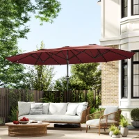 Outsunny Garden Parasol 14.4ft Double-Sided Sun Umbrella with Base, Patio Parasol with LED Solar Lights, Wine Red(m-8)