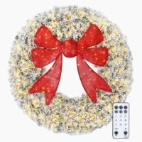 HOMCOM 36in Flocked Pre-Lit Christmas Wreath with 3D Red Bow, 11 Lighting Modes, Front Door Christmas Wreath with Remote(m-11)