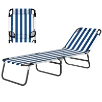 Outsunny Portable Folding Adjustable Sun Beach Lounger / Camping Cot - Blue and White(m-1)