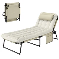 Outsunny Folding Chaise Lounge Pool Chair with 4-level Reclining Back, Cushion, Side Pocket, Headrest, Beige(m-11)
