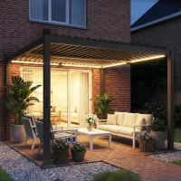 Outsunny 10 x 10 ft Louvered Pergola with Solar LED lights, Metal Roof, Outdoor Pergola Gazebo with Drainage Gutters, Black(m-8)