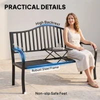 Outsunny Outdoor Bench with Retractable Middle Table, Metal Frame Patio Loveseat with Slatted Seat and Backrest, Curved Armrests, Black(m-5)