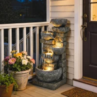 Outsunny Outdoor Water Fountain with LED Lights, 31.5" Tall 5 Tiers Cascading Water Feature for Garden Patio Home Decor, Gray(m-9)