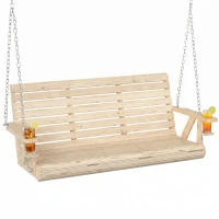 Outsunny 3-Seater Swing Bench, Wooden Porch Swing with Cupholders, Hanging Chains for Patio Garden, Nature Wood(m-11)