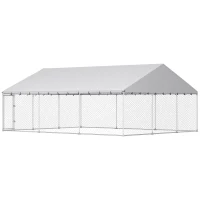 PawHut Heavy Duty Outdoor Dog Kennel with Waterproof Roof, 2 Secure Latches, Chain Link Dog Run for Backyard, 20' x 15' x 8'(m-1)