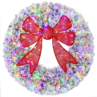 HOMCOM 36in Flocked Pre-Lit Christmas Wreath with 3D Red Bow, 11 Lighting Modes, Front Door Christmas Wreath with Remote(m-1)