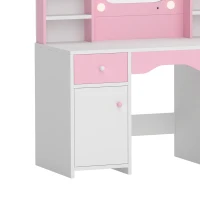 Qaba Kids Vanity Set, Toddler Dressing Table and Chair Set  with Lighted Bow Mirror, Cabinet, Drawer and Shelves, Pink(m-9)