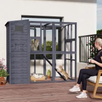 PawHut Wooden Outdoor Catio with Platforms, Asphalt Roof, Ramps, Gray(m-4)