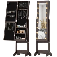 HOMCOM Free Standing Armoire Organizer, Lighted Mirrored Jewelry Cabinet w/ Angle Adjustable & 16 LED Lights, Dark Brown(m-9)