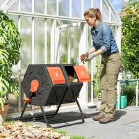 Outsunny Rotating Composter, Dual Chamber Compost Bin with 24 Vents and Steel Legs, 34.5 Gallon, Orange(m-8)