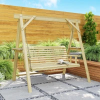 Outsunny 3 Seat Wooden Porch Swing with Stand, Patio Swing with Side Tables, for Garden, Poolside, Backyard, Natural Wood(m-8)