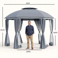Outsunny 12' x 12' Round Outdoor Gazebo, Patio Dome Gazebo Canopy Shelter with Double Roof, Netting Sidewalls and Curtains, Zippered Doors, Strong Steel Frame, Grey(m-3)
