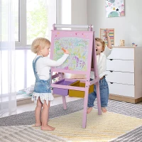 Qaba 3 In 1 Kids Wooden Art Easel with Paper Roll, Double-Sided, Chalkboard & Whiteboard, Storage Baskets, Pink(m-2)