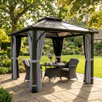 Outsunny 10' x 10' Hardtop Gazebo with 7mm Polycarbonate Double-Tier Roof, Outdoor Gazebo with Netting and Curtains, Dark Grey(m-1)