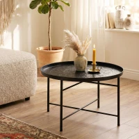 HOMCOM Coffee Table for Living Room, 24" Round Center Table with Hammered Tray Top and Metal Frame for Bedroom, Black(m-9)
