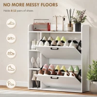 HOMCOM Shoe Cabinet with 2 Flip Drawers, 3 Side Compartments, Adjustable Shelves, 8-12 Pairs for Entryway Hallway, White(m-4)