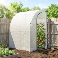 Outsunny 5' x 4' x 7' Outdoor Lean to Greenhouse, Walk-In Green House Plant Nursery with Roll-up Window, PE Cover, White(m-8)