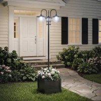 Outsunny 74.5" 3-head Solar Lamp Post Light with Planter, Solar Pole Lights Outdoor Waterproof LED Lighting for Backyard Pathway Patio Lawn Driveway Decor, Black(m-8)