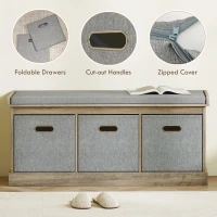 HOMCOM Shoe Storage Bench with Seat, Entryway Bench Seat with Cushion, 3 Fabric Drawers for Hallway, Washed Grey(m-6)