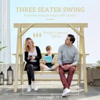 Outsunny 3 Seat Wooden Porch Swing with Stand, Patio Swing with Side Tables, for Garden, Poolside, Backyard, Natural Wood(m-4)