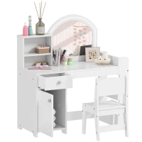 Qaba Kids Vanity Set, Toddler Dressing Table and Chair Set  with Lighted Mirror, Cabinet, Drawer and Shelves, White(m-9)