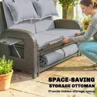 Outsunny Patio Rattan Daybed, Wicker Outdoor Daybed with Storage Ottoman, Loveseat w/ Adjustable Backrest, Gray(m-8)