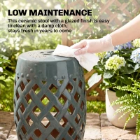 Outsunny 12.5" x 18" Ceramic Garden Stool with Woven Lattice Design & Glazed Strong Materials Decorative Outdoor Stool, Green(m-7)