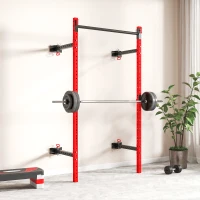 Soozier Folding Squat Rack with Pull Up Bar, Wall Mounted and Adjustable, 1000 Pounds Capacity Power Rack, Red(m-9)