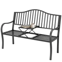 Outsunny Outdoor Bench with Retractable Middle Table, Metal Frame Patio Loveseat with Slatted Seat and Backrest, Curved Armrests, Black(m-11)