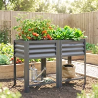 Outsunny Raised Garden Bed Galvanized Steel, Elevated Planter Box with Storage Shelf, Bed Liner, 31.5" High, Dark Gray(m-2)