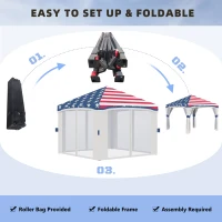 Outsunny 10' x 10' Pop Up Canopy Tent with Netting, Instant Tents for Parties, Height Adjustable, with Wheeled Carry Bag and 4 Sand Bags for Outdoor, Garden, Patio, American Flag(m-5)