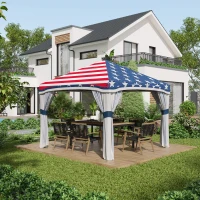 Outsunny 10' x 10' Pop Up Canopy Tent with Netting, Instant Tents for Parties, Height Adjustable, with Wheeled Carry Bag and 4 Sand Bags for Outdoor, Garden, Patio, American Flag(m-2)