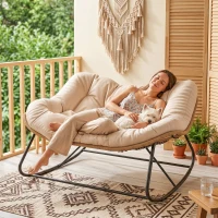Outsunny Indoor Outdoor Double Papasan Rocking Chair, Oversized Rocking Egg Chair with Cushion for Garden, Patio, Cream White(m-8)