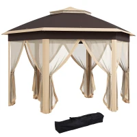 Outsunny 13' x 13' Pop Up Gazebo Hexagonal Canopy Shelter with 6 Zippered Mesh Netting for Patio, Backyard, Garden, Wedding, Party, Beige(m-11)