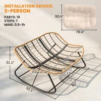 Outsunny Indoor Outdoor Double Papasan Rocking Chair, Oversized Rocking Egg Chair with Cushion for Garden, Patio, Cream White(m-3)