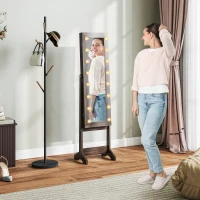 HOMCOM Free Standing Armoire Organizer, Lighted Mirrored Jewelry Cabinet w/ Angle Adjustable & 16 LED Lights, Dark Brown(m-1)