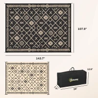 Outsunny Reversible Outdoor Rug, Waterproof Plastic Straw with Carry Bag, 9' x 12', Black & Beige Rhombus(m-3)
