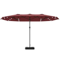 Outsunny Garden Parasol 14.4ft Double-Sided Sun Umbrella with Base, Patio Parasol with LED Solar Lights, Wine Red(m-1)