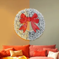 HOMCOM 36in Flocked Pre-Lit Christmas Wreath with 3D Red Bow, 11 Lighting Modes, Front Door Christmas Wreath with Remote(m-9)