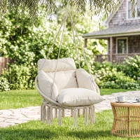 Outsunny Hammock Swing Chair, Macrame Hanging Chair with Large Cushion, Chain, Steel Frame for Indoor Outdoor Use, Cream White(m-2)