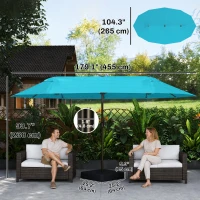 Outsunny 15' Outdoor Patio Umbrella with Twin Canopy Sunshade Steel Table Umbrella w/ Lift Crank, Cross base, Sandbag, Light Blue(m-3)