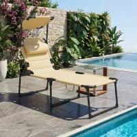 Outsunny Outdoor Lounge Chair, 4 Position Adjustable Backrest, Folding, Cushioned w/ Sun Shade Roof & Pillow, Cream White(m-2)