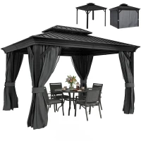 Outsunny 10' x 12' Hardtop Gazebo Permanent Pavilion w/ Double Roof Aluminum Frame Sidewalls for Patio Garden Deck, Dark Gray(m-11)