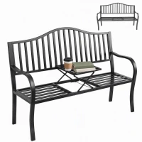Outsunny Outdoor Bench with Retractable Middle Table, Metal Frame Patio Loveseat with Slatted Seat and Backrest, Curved Armrests, Black(m-2)