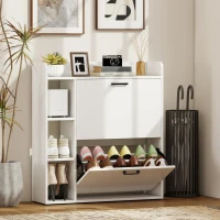 HOMCOM Shoe Cabinet with 2 Flip Drawers, 3 Side Compartments, Adjustable Shelves, 8-12 Pairs for Entryway Hallway, White(m-1)
