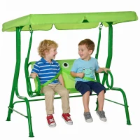 Outsunny Kids Patio Swing, Adjustable Canopy Swing Glider, Kids Outdoor Swing Chair with 2 Seats, Seat-Belted Safety, Green(m-1)