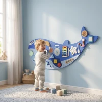 Qaba Whale Activity Wall Busy Board, 13 in 1 Montessori Sensory Wall Panel for Playroom Nursery Classroom Boys Girls 2+, Blue(m-8)