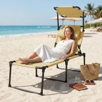 Outsunny Outdoor Lounge Chair, 4 Position Adjustable Backrest, Folding, Cushioned w/ Sun Shade Roof & Pillow, Cream White(m-8)